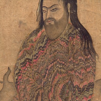 Detail z A Dervishe, Sedícího v rozjímání, cca 1650 (neprůhledné wc a zlato na papíře) od Indian School
