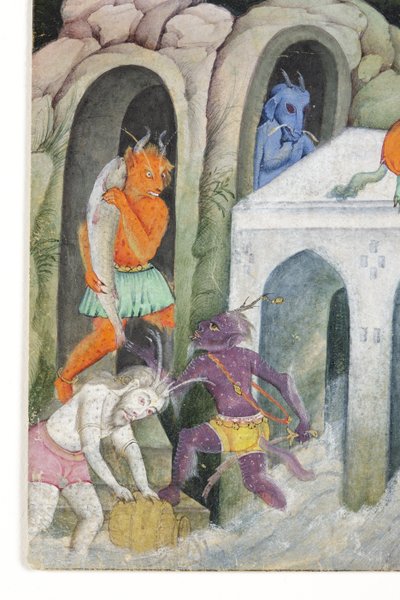 Detail z Demons in a Wild Landscape, cca 1600 (neprůhledné wc a zlato na papíře) od Indian School