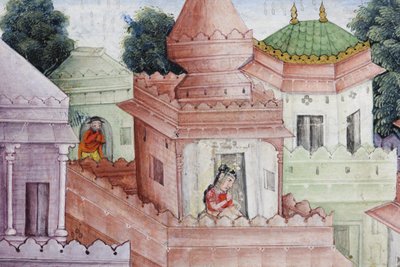 Detail z Krishna Cleaves the Demon Narakasura s jeho Discus, kolem 1585-90 (neprůhledné wc a zlato na papíře) od Indian School