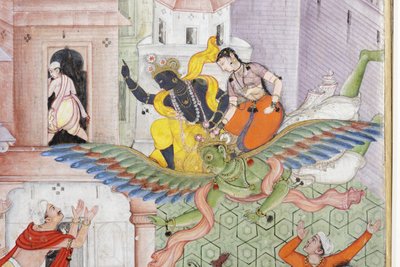 Detail z Krishna Cleaves the Demon Narakasura s jeho Discus, kolem 1585-90 (neprůhledné wc a zlato na papíře) od Indian School