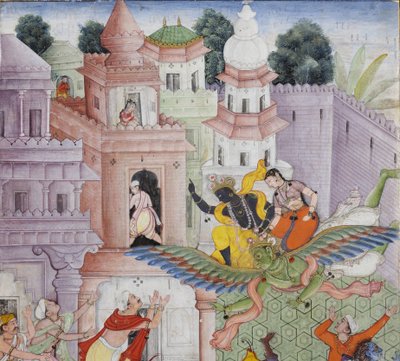 Detail z Krishna Cleaves the Demon Narakasura s jeho Discus, kolem 1585-90 (neprůhledné wc a zlato na papíře) od Indian School