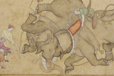 Detail ze souboje se slony, s arabskou květinovou hranicí, cca 1610 (neprůhledné wc a zlato na papíře) od Indian School