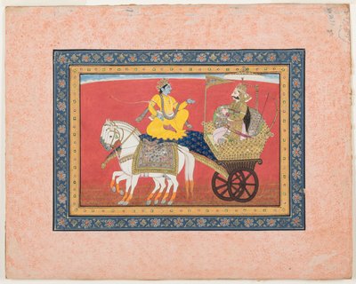 Dialog mezi Krišnou a Ardžunou na bitevním poli Kurukshetra, kolem roku 1820 (neprůhledný akvarel a zlato na papíře) od Indian School