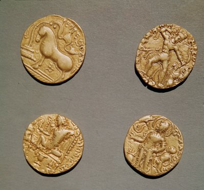 Dinárů Samudragupta (335-375), Kumaragupta I (415-454) a Chandragupta I (320-335) (zlato) od Indian School