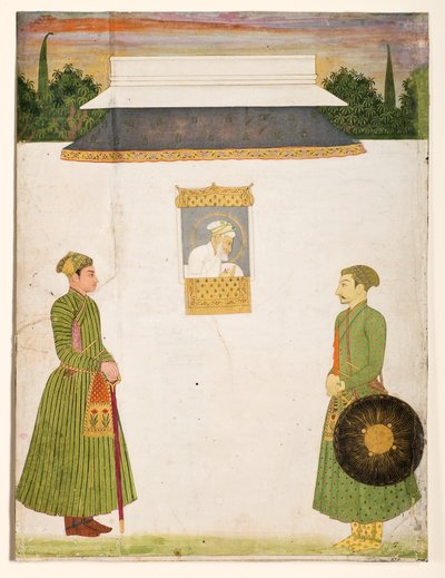Císař Aurangzeb u okna jharokha, dva šlechtici v popředí, kolem 1710 (neprůhledné wc zlato na papíře) od Indian School