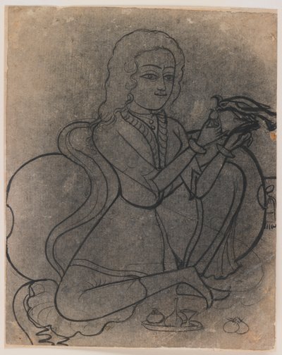 Evropská dívka krmící papouška, cca 1780 (inkoust na papíře, vrhnutý pro přenos) od Indian School