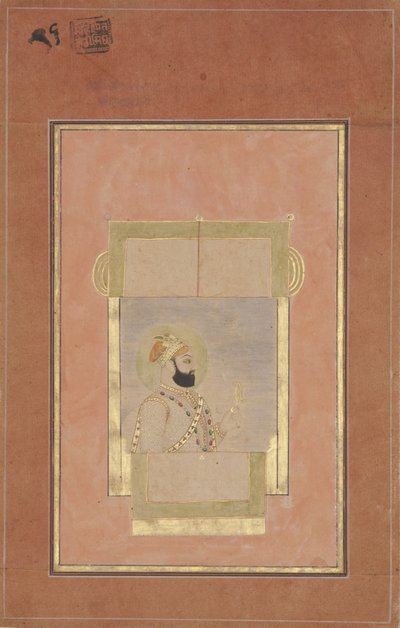 Farrukh Siyyar sedí u okna a drží zlatý sarpech, kolem roku 1715 (neprůhledné wc a zlato na papíře) od Indian School