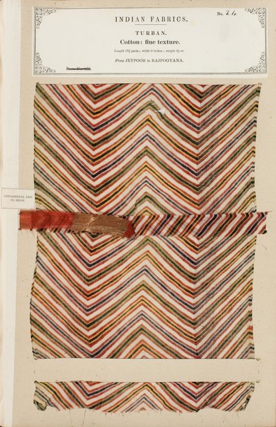 Vzorek jemného bavlněného turbanu z Džejpuru v Rádžpútánu, ze sbírky The Collection of the Textile Manufacturers of India od Johna Forbese Watsona, vydané v roce 1866. od Indian School