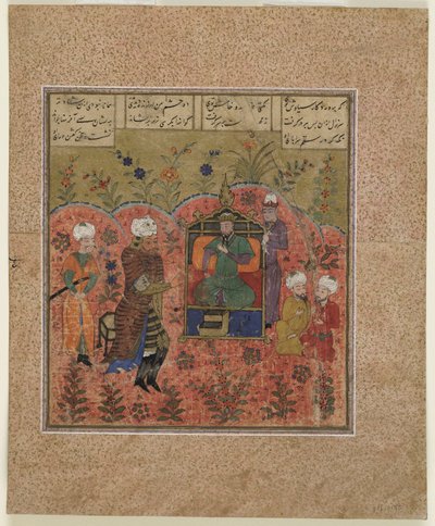 Folio ze šahnámy (Knihy králů) od Firdawsiho (zemř. 1020); Rustam před Kay Kausem (neprůhledný akvarel, tuš a zlato na papíře) od Indian School