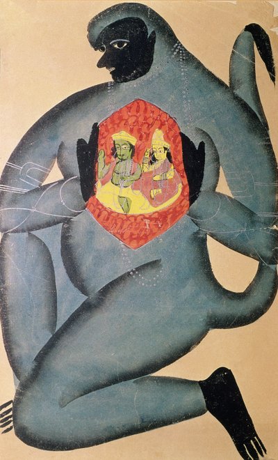 Hanuman odhalující Rámu a Sítu zakotvené v jeho srdci, namaloval člen kasty Patua, 1880 od Indian School