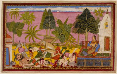 Hanumān zaútočí na démony, zničí zahradu rozkoší a porazí Rávanovy síly, zatímco Síta přihlíží. 1653 (miniatura) od Indian School