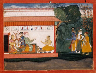 Ilustrace k Bhágavata Puráně zobrazující Balarama, jak bere Akruru za ruku se svým mladším bratrem Krišnou, kolem roku 1700 od Indian School
