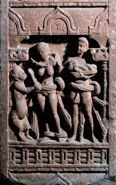 Indické umění: Sundernanda (Nanda) pomáhá Sundari na záchodě. Období Kochne (Kushan a Kushan) od Indian School