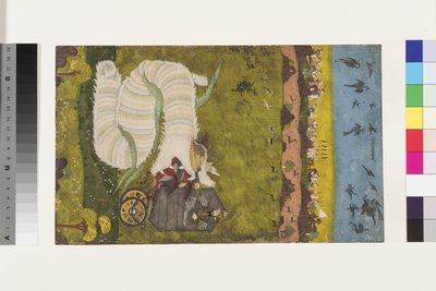 Isfandiyar útočí na draka, kolem roku 1760 (neprůhledné wc a zlato na papíře) od Indian School