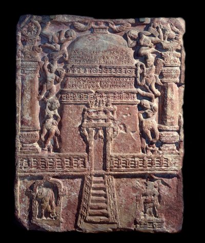 Jainská tabulka pocty sestavená Vasu, dcerou kurtizány Lavana Sobhika (reliéf červeného pískovce, Kushan Empire) od Indian School