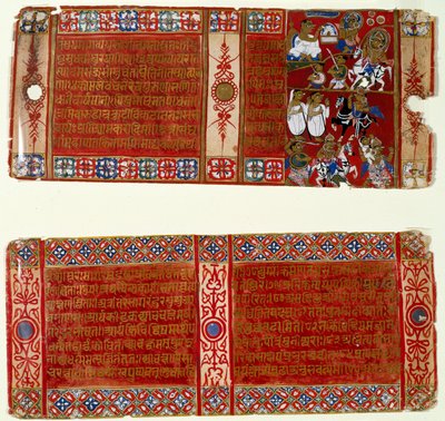 Kalaka se stává džinistickým mnichem; Kalaka unes the Nun, dva listy z rozptýleného džinistického rukopisu Kalakacharya-katha, Uttar Pradesh, kolem 1465 (wc a zlato na papíře) od Indian School