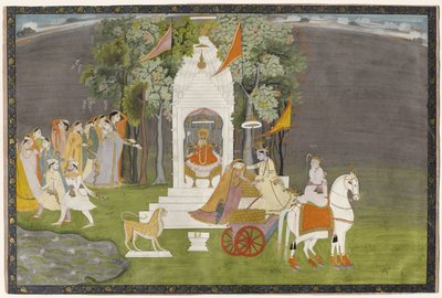 Krišna unáší Rukmani z chrámu, kolem roku 1810 (kvaš se zlatem na papíře) od Indian School