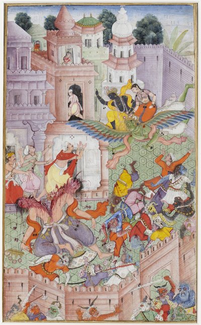 Krishna štípne démona Narakasura svým diskem, kolem 1585-90 (neprůhledné wc a zlato na papíře) od Indian School