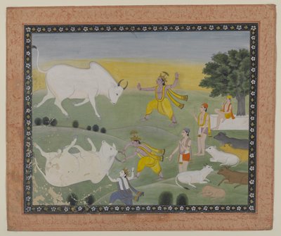 Krišna poráží býčího démona (akvarel na papíře) od Indian School