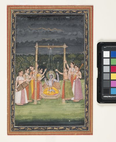 Krishna Randezvous With Gopis (kvaš a plátek zlata na papíře) od Indian School