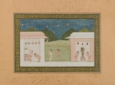 Krishna Stealing Curds, cca 1775 (neprůhledné wc a zlato na papíře) od Indian School