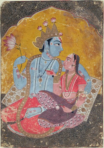 Krishna a Radha, kolem 1690-1700 (neprůhledné wc s reliéfním zlatem na papíře) od Indian School