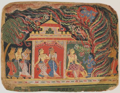 Krišnu unášel Vichřicí démon z Bhágavata Purány. c.1520-30 (neprůhledné wc na papíře) od Indian School
