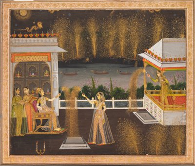Dámy slavící Diwali, cca 1760 (neprůhledný akvarel a zlato na papíře) od Indian School