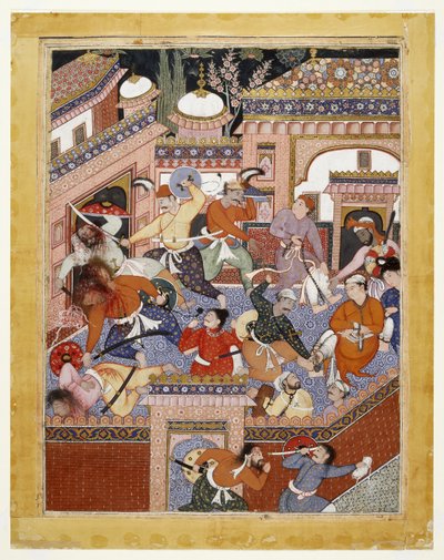 Vedení Songhurem Balkhim a Lulu the Spy, Ayyars Slit the Throats of Prison Guards and Free Said Farrukh-Nizhad, 1557-1572 (neprůhledný akvarel a zlato na bavlněné látce) od Indian School