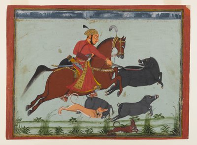 Maharaja Pratap Singh II z Mewar Hunting Boar, cca 1750-75 (akvarel, zlato a stříbro na papíře) od Indian School