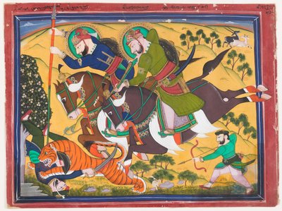 Maharaja Ram Singh lovící tygra, druhá čtvrtina 19. století (akvarel na papíře) od Indian School