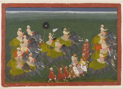 Maharana Sangram Singh z Mewar na koni v průvodu slonů, Udaipur, Rádžasthán, kolem 1730-40 (neprůhledné wc a zlato na papíře) od Indian School