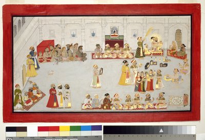 Maharana Sangram Singh se svými dětmi a dvořany, kolem 1715 (neprůhledné wc a zlato na papíře, připevněno na stránce alba) od Indian School