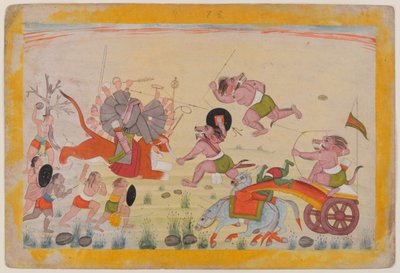 Mahasura útočí na Devi, folio z rozptýlené série Devi Mahatmya, kolem 1770-80 (wc na papíře) od Indian School