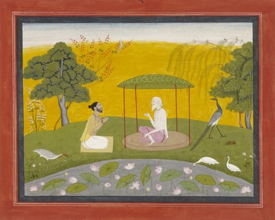 Markandeya odkazuje Jaimuni na čtyři moudré ptáky, kolem 1800-20 (neprůhledné wc na papíře, zvýrazněné zlatem) od Indian School