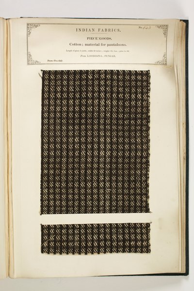 Materiál pro pantalony, Loodiana, Paňdžáb, kusové zboží, ze sbírky indických textilních výrobců, John Forbes Watson, publikoval v roce 1866 od Indian School