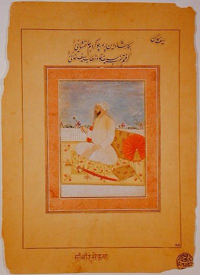 Miniatura Saifa Khana, guvernéra Agra, Indie, cca 1670-80 (neprůhledné minerální pigmenty na žlutohnědém papíru) od Indian School
