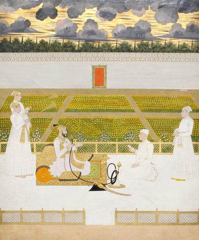 Mir Jaffar, Nawab z Murshidabadu, s dvořanem a průvodci, kolem 1760 (neprůhledné wc a zlato na papíře) od Indian School