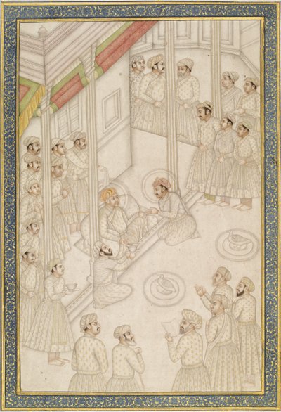 Mughalský císař Akbar držící soud během své poslední nemoci, polovina 18. století (list alba; pigment se zlatem na leštěném papíře) od Indian School