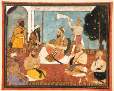 Muhammad Adil Šáh vybírá šperk, cca 1650 (neprůhledný akvarel a zlato na papíře) od Indian School