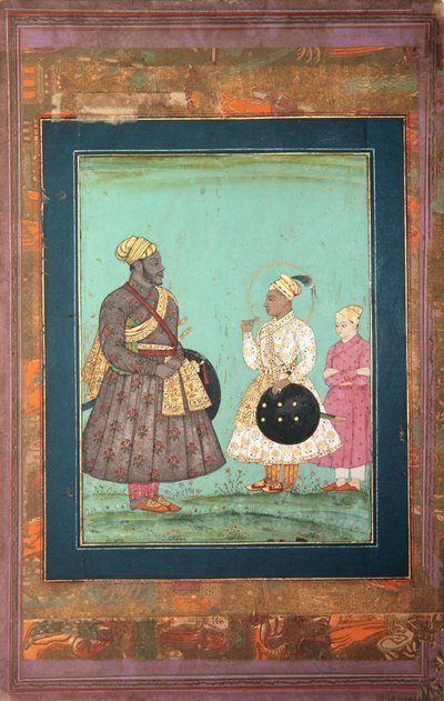 Murtaza Nizám Šáh s černým vezírem, pravděpodobně Malikem Ambarem, a mladším mužem, asi 1680 (neprůhledný akvarel a zlato na papíře) od Indian School