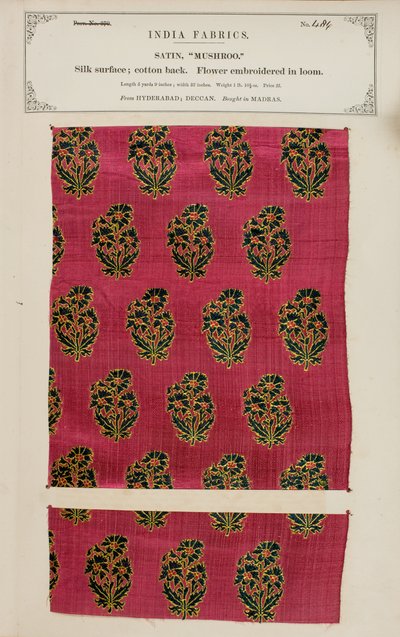 Vzorek saténu Mushroo z Hajdarábádu v Dekkánu, ze sbírky The Collection of the Textile Manufacturers of India od Johna Forbese Watsona, vydané v roce 1866. od Indian School