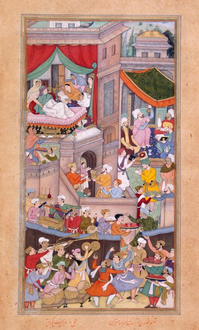 Nebo. 12988, f.34v Astrologové odlévají horoskopy během oslav narození Timura (1336) od Surdase Gujaratiho od Indian School