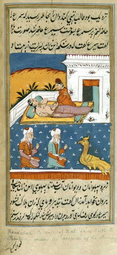 Nebo. 8761 f.52v The Birth of Rustam, ilustrace z 