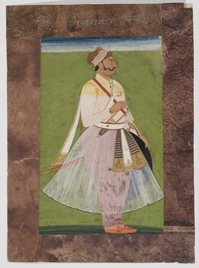 Portrét náčelníka Rathora Bhagwana Dase z klanu Mertia z Rian, Jodhpur, 1820 (vylepený kvaš na indickém papíře s kompozitním hnědým papírovým okrajem) od Indian School