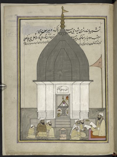 Kněz a věřící v chrámu Shiva, Srinagar,  86 kreseb svázaných do svazku zachycujících řemesla a povolání v Kašmíru, řemeslníci jsou zobrazeni při práci s jejich nářadím a vybavením,  Kašmírským umělcem, pravděpodobně ve Šrínagaru, kolem 1850-60 (go od Indian School