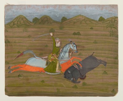 Prince Hunting Wild Boar (Miniaturní malba), 1765 (neprůhledné wc a zlato na papíře) od Indian School