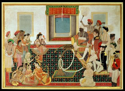Princ Mahadaji Sindhia baví britského armádního důstojníka a námořního důstojníka na nautch, kolem roku 1820 (kvaš na papíře) od Indian School