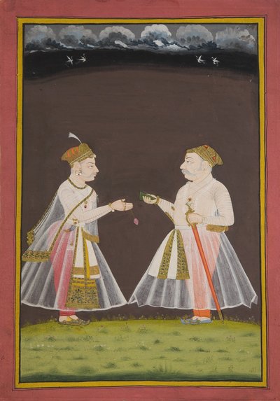 Pravděpodobně portrét Rana Raj Singha z Udaipuru (1661-81) nabízejícího pánvi pánev, 1820 od Indian School