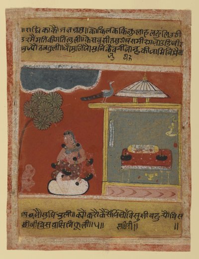 Radha touží po svém milovaném, stránka z datované série Rasikapriya, 1634 (neprůhledné wc a zlato na papíře) od Indian School